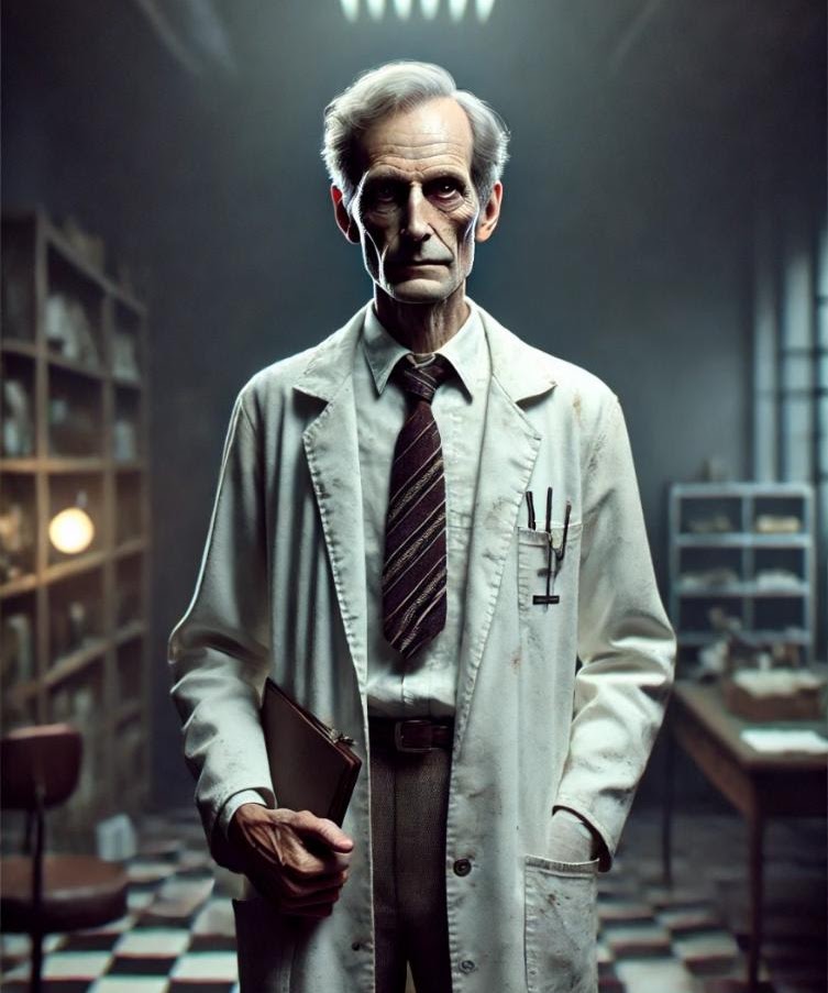 Retrato del Dr. Mario Otero, personaje fundador de Clínica El Pasaje Escape Room en A Coruña